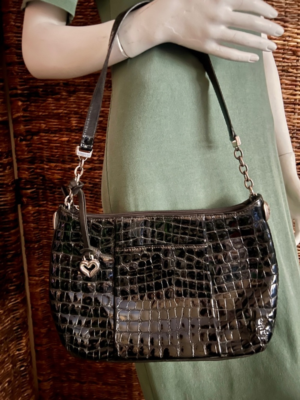Brighton Black Croc-Embossed Shoulder Bag with Heart Charm Accent